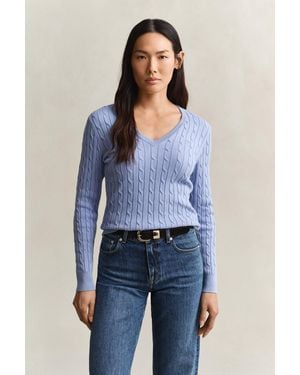 GANT Stretch Cotton Cable Knit V-Neck Jumper - Blue