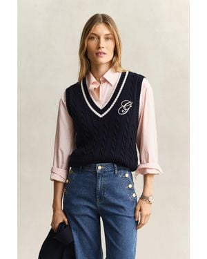 GANT Cotton Cable Knit Vest Evening - Blue