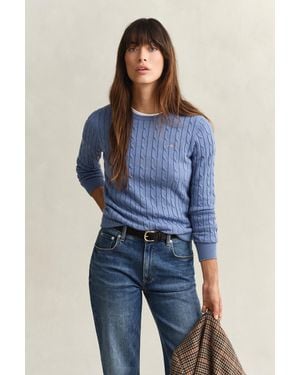 GANT Stretch Cotton Cable Knit Crew Neck Jumper - Blue
