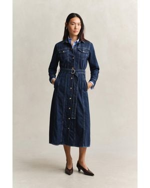 GANT Belted Denim Midi Dress Dark Worn In - Blue