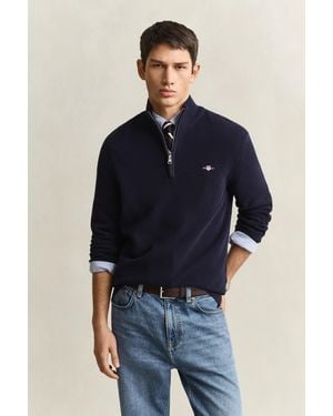 GANT Textured Cotton Half-Zip Jumper Evening - Blue