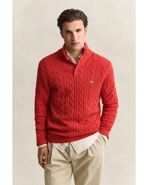 GANT Lambswool Cable Knit Half-Buttoned Jumper - Red