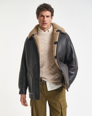 GANT Worn-In Leather Shearling Jacket - Grey