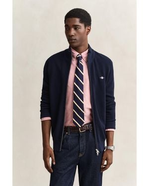 GANT Textured Cotton Zip Cardigan Evening - Blue