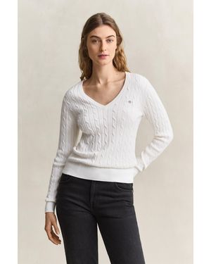 GANT Stretch Cotton Cable Knit V-Neck Jumper - White