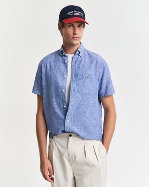 GANT Regular Fit Cotton Linen Short Sleeve Shirt With Embroidered Shield - Blue