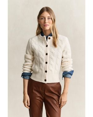 GANT Wool Blend Cable Knit Cardigan Cream - Natural