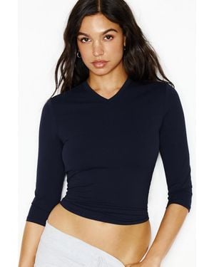 Garage Sleek High V-Neck 3/4 Sleeve Top - Blue