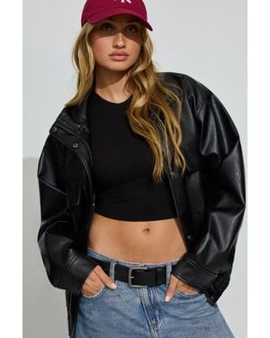 Garage Oversized Faux Leather Stand Collar Bomber - Black