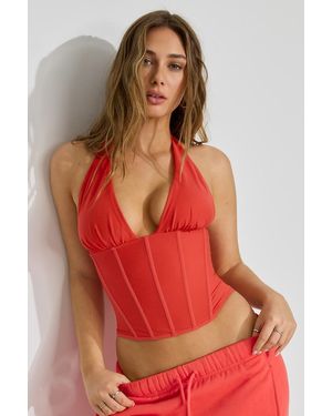 Garage Plunge Halter Mesh Corset Top - Red