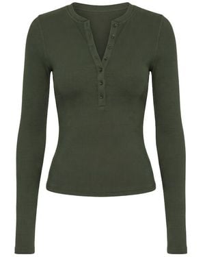 Garage Snatchrib Crewneck Henley Long Sleeve Top - Green