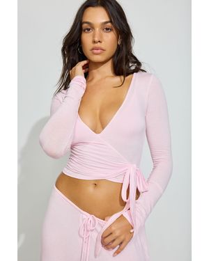 Garage Sheer Ribbed Wrap Long Sleeve Top - White