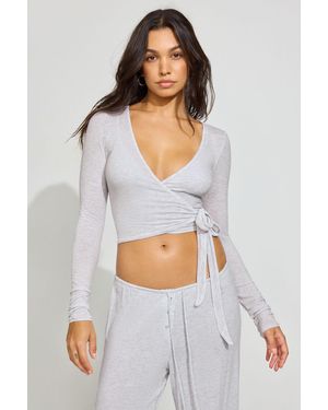 Garage Sheer Ribbed Wrap Long Sleeve Top - White