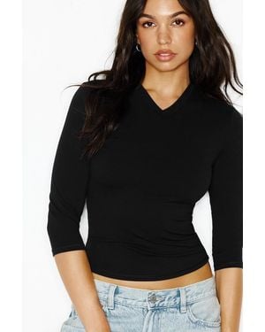 Garage Sleek High V-Neck 3/4 Sleeve Top - Black