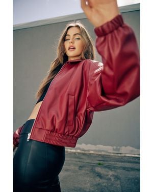 Garage Faux Leather Bomber Jacket - Red