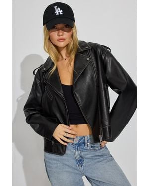 Garage Washed Faux Leather Biker Jacket - Black