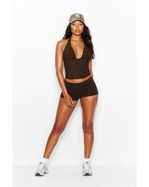 Garage Plunge Halter Mesh Corset Top - Brown