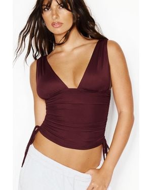 Garage Plunge Ruched Tie Mesh Top - Purple