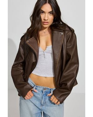 Garage Washed Faux Leather Biker Jacket - Grey
