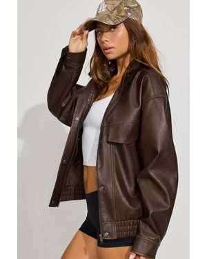 Garage Oversized Faux Leather Stand Collar Bomber - Brown