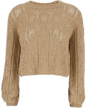 Semicouture 'Crop Crewneck Sweater' With Elastic Hem And Perfora - Natural