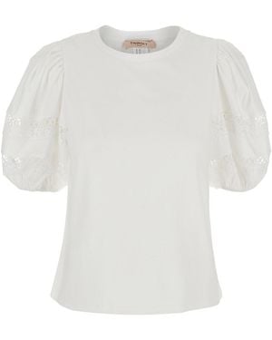 Twinset T-Shirt With Embroidery Details On The Sleeves And Round - White