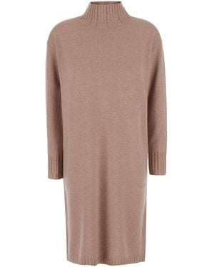 Fabiana Filippi High-Collar Long-Sleeve Wool-Silk Dress With Rhinestone Details - Brown