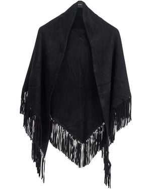 Plain 'Elena' Cape With Fringed Hem - Blue