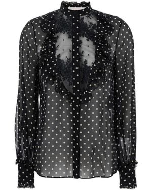 Valentino Crewneck Shirt With Floral Embroidery And All-Over Pol - Black