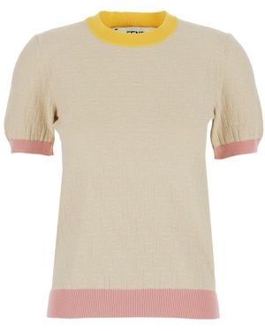 Fendi T-Shirt 'Color Block Ff Short Sleeves Tee' With Logo - Natural