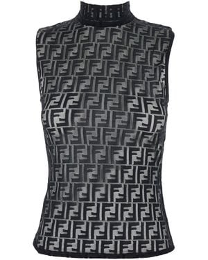 Fendi Top Girocollo Smanicato Con Chiusura Con Zip Sul Retro E Motivo - Nero