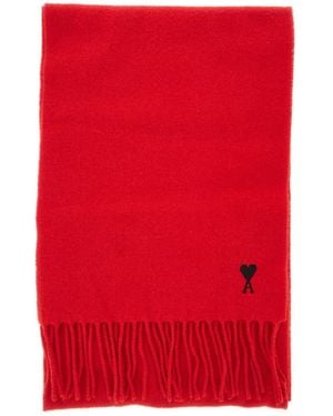 Ami Paris Wool Scarf With Ami De Coeur Embroidery - Red