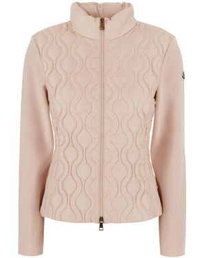 Moncler Cardigan With Quilted Design On The Front And Logo Patch - Pink