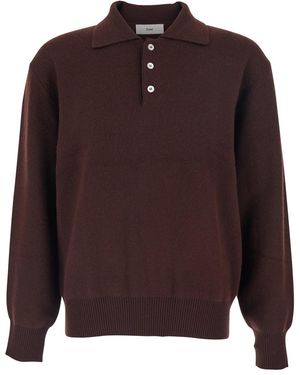 DUNST Sweater With Polo Collar And Ribbed Details - Brown
