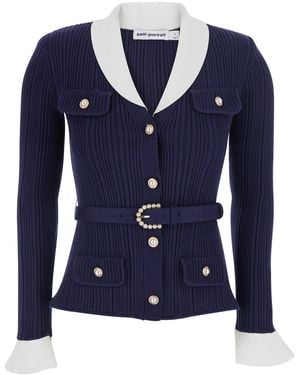Self-Portrait Cardigan With Ribbed Texture And Long Sleeves - Blue