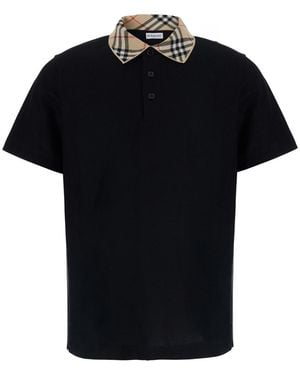 Burberry 'Evan' Polo Shirt With Check Motif Collar - Black