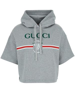 Gucci Felpa Crop Con Cappuccio E Logo Lettering Stampato Sul Fronte In - Grigio