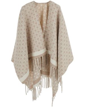 Ferragamo Crewneck Cape With Fringed Hem And All-Over Gancini Embroidery - Natural