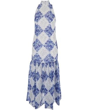 Twinset Long 'Floral' Dress With High American Collar - Blue