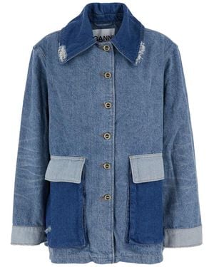 Ganni 'Patchwork Denim Midi Jacket' With Denim Panel Details For - Blue