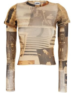 Jean Paul Gaultier Crewneck Cropped Top With Long Sleeves And All-Over Print - Natural