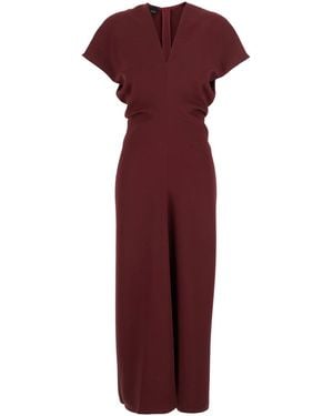 Plain Dress With V Neck And Short Sleeves - Purple