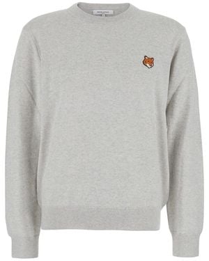 Maison Kitsuné Crew Neck Jumper With Fox Patch - Grey