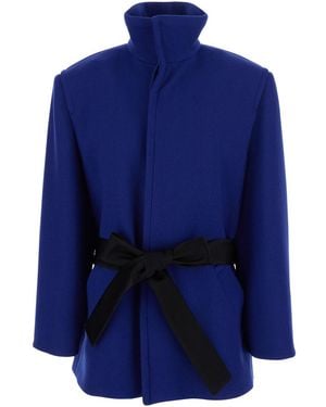 Saint Laurent Cappotto A Collo Alto Con Cintura Sul Fronte E Chiusura - Blu