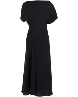 Plain Long Dress With Square Neckline And Short Sleeves - Black