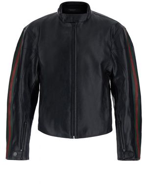 Gucci Jacket With High Collar And Web Stripe On The Sleeves - Blue