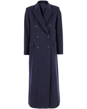 Plain Long Double-Breasted Coat - Blue