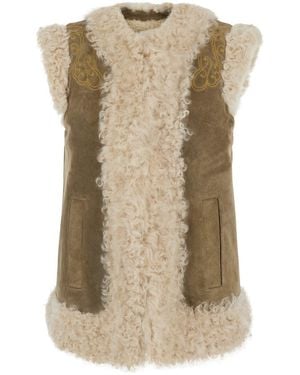Etro Shearling Coat With Maxi Embroidery On The Back - Natural