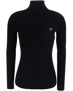 Elisabetta Franchi Ribbed Turtleneck Jumper With Ajour Detail - Black