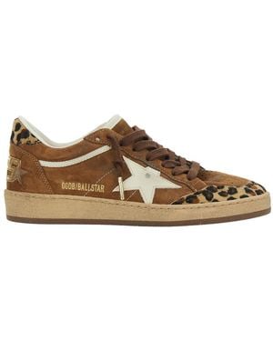 Golden Goose 'Ballstar' Low Top Trainers With Glittered Star Patch On The Side And Leopard Print Details - Brown